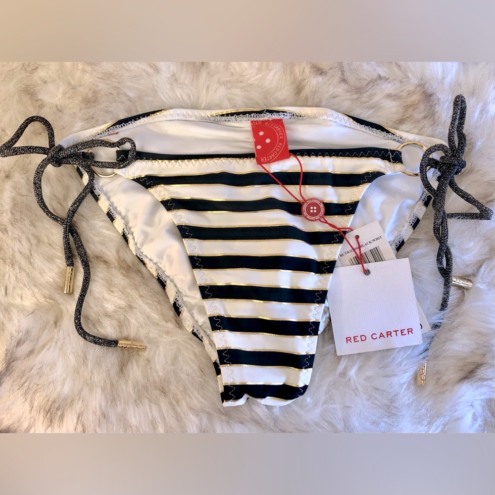 Red Carter Bikini Bottoms, Black White & Gold Stripe w/ Goldtone Hardware, Small